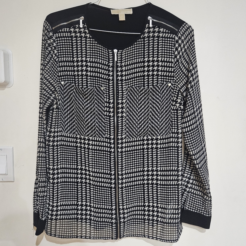 Michael Kors Black White Houndstooth Zip Front Shoulder Top Size M